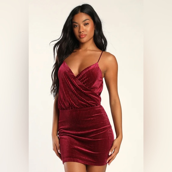 Burgundy Sparkly Velvet Mini Dress - Picture 1 of 3